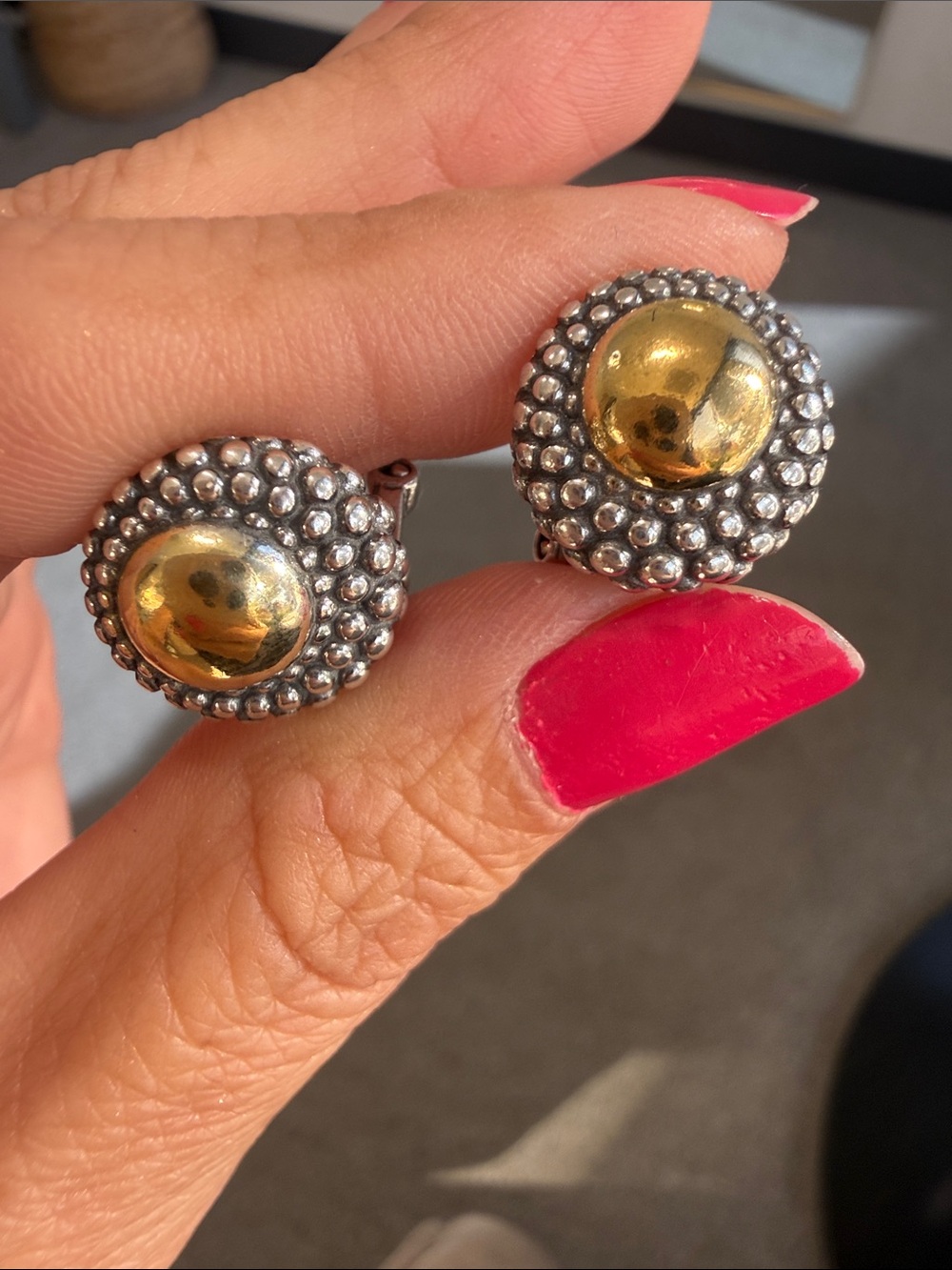 Two-Tone Beaded Disc Stud Earrings - Gold plated & Sterling Silver